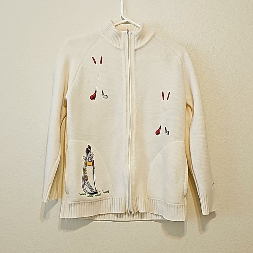 LeRoy Knitwear | Vintage White Zip Up Sweater with Golf Club Embroidery